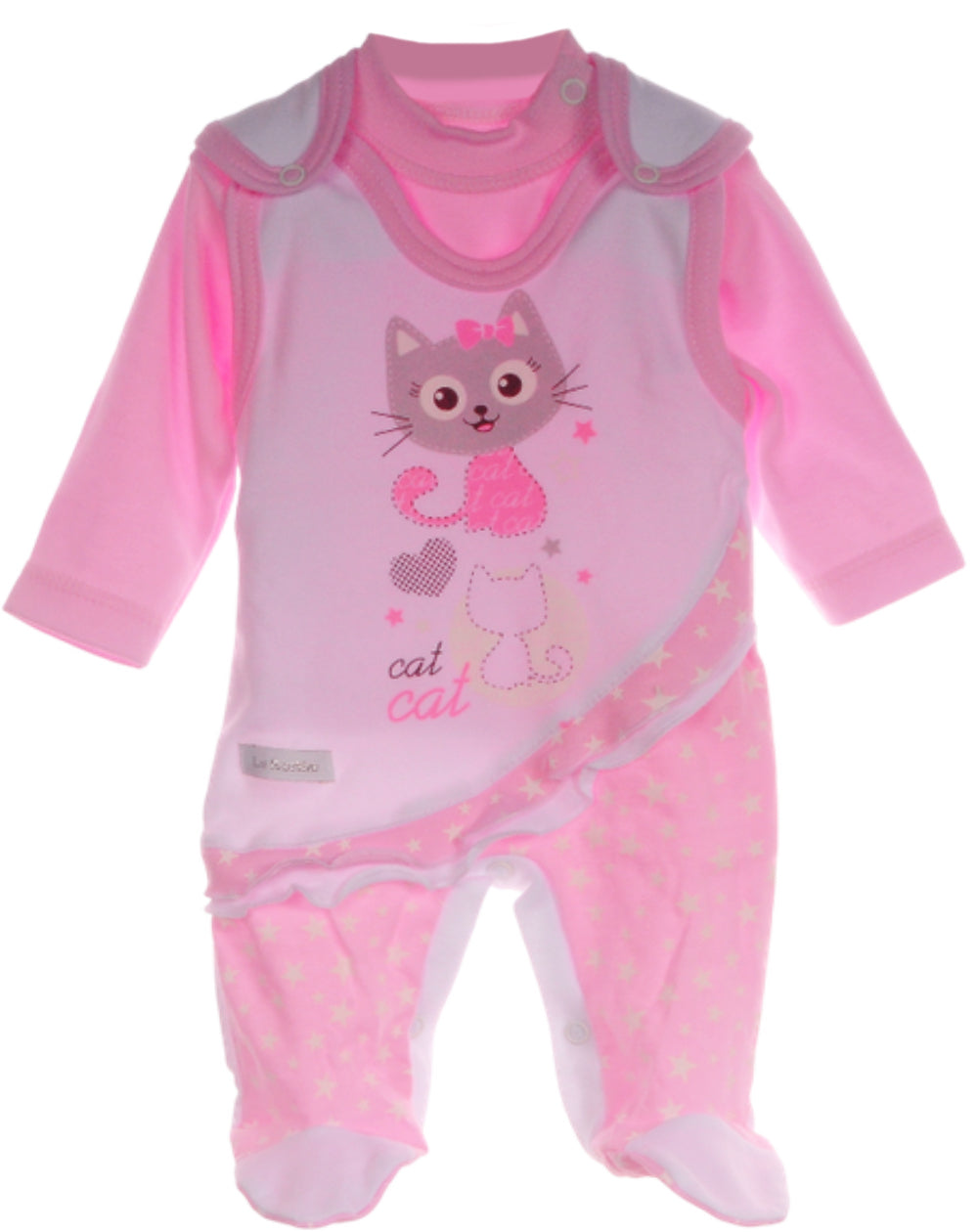 Strampler Mütze und Hemdchen Baby Anzug 3Tlg in Rosa mit Katze