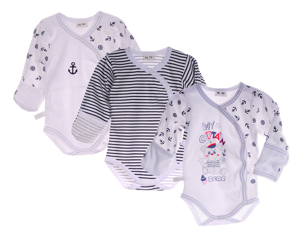 Wickelbodys 3er Pack Erstlingsbodys Baby Body in Weiß mit Anker und gestreift