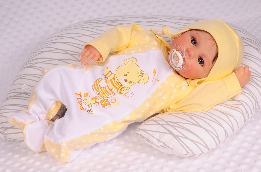 Strampler Mütze und Hemdchen Baby Anzug in Gelb mit Bärchen
