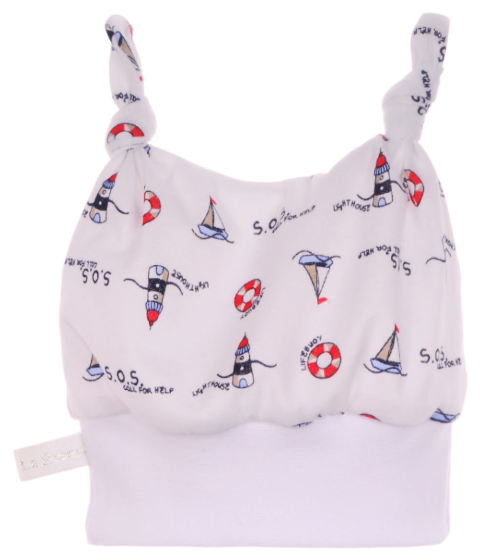 Baby Mütze Knotenmütze in Weiß mit maritimem Muster