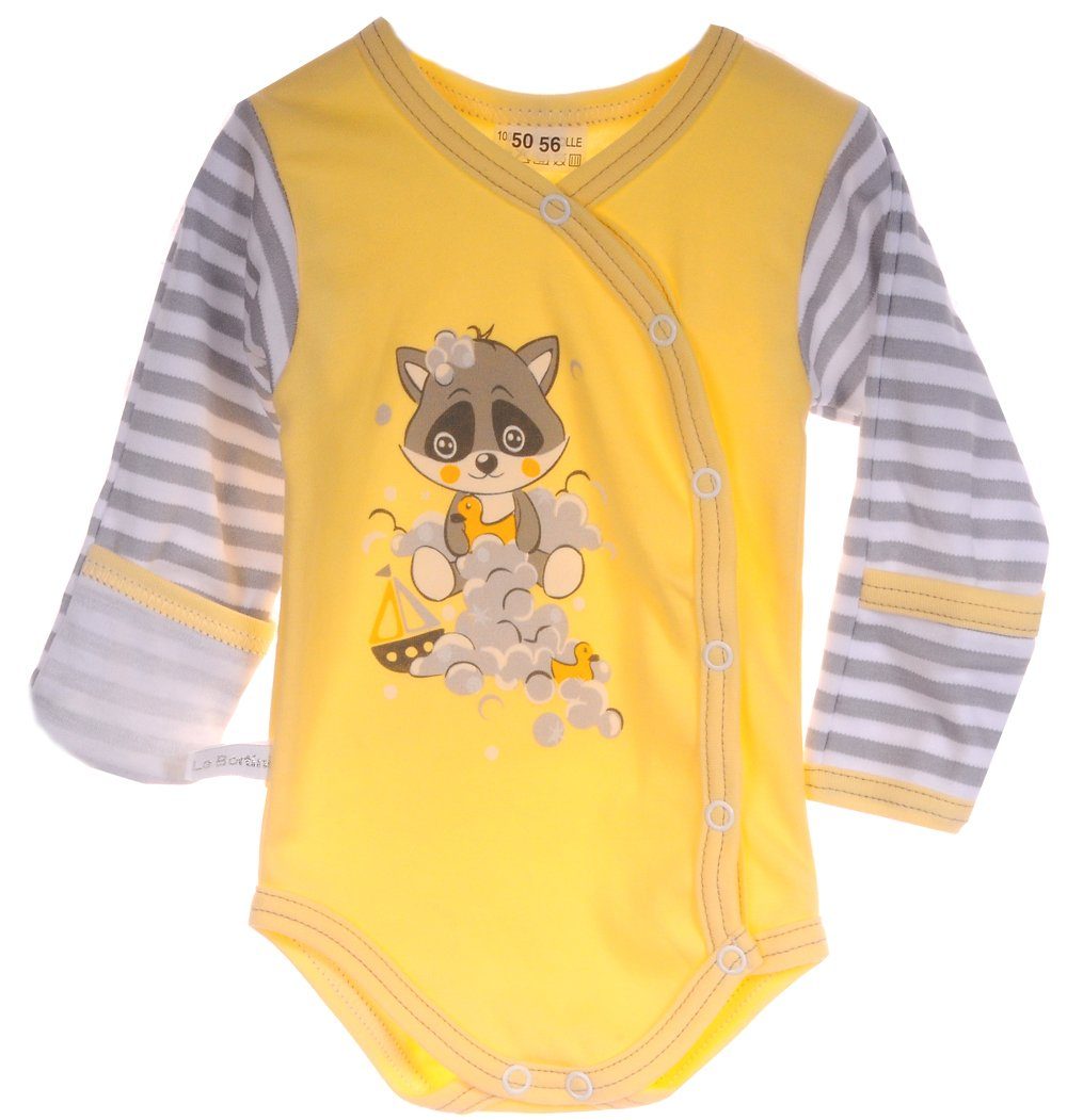 Baby Anzug Wickelbody Hose Mütze in Gelb mit Waschbär