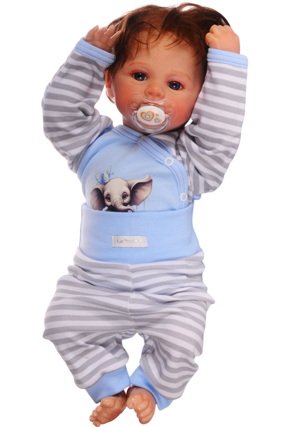 Baby Anzug Wickelbody Hose Mütze in Blau mit Elefant