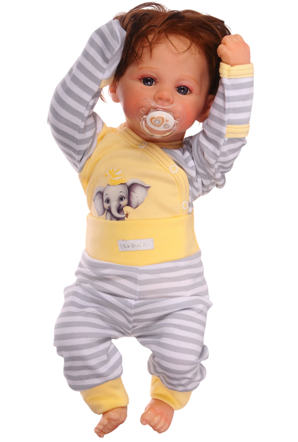 Baby Anzug Wickelbody Hose Mütze in Gelb mit Elefanten Aufdruck