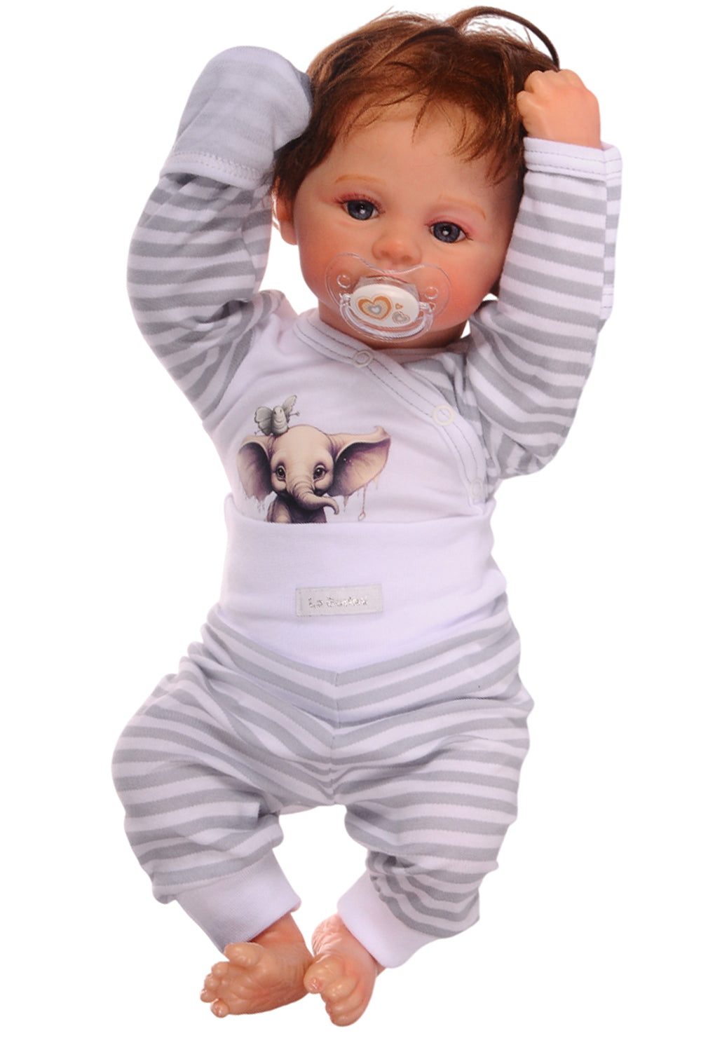 Baby Anzug Wickelbody Hose Mütze in Weiß mit Elefanten Aufdruck