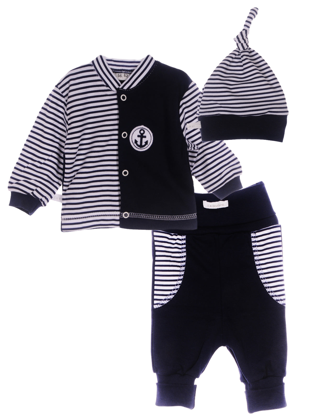 Baby Anzug Hemdchen Mitwachshose Mütze Erstlingsanzug in Blau gestreift