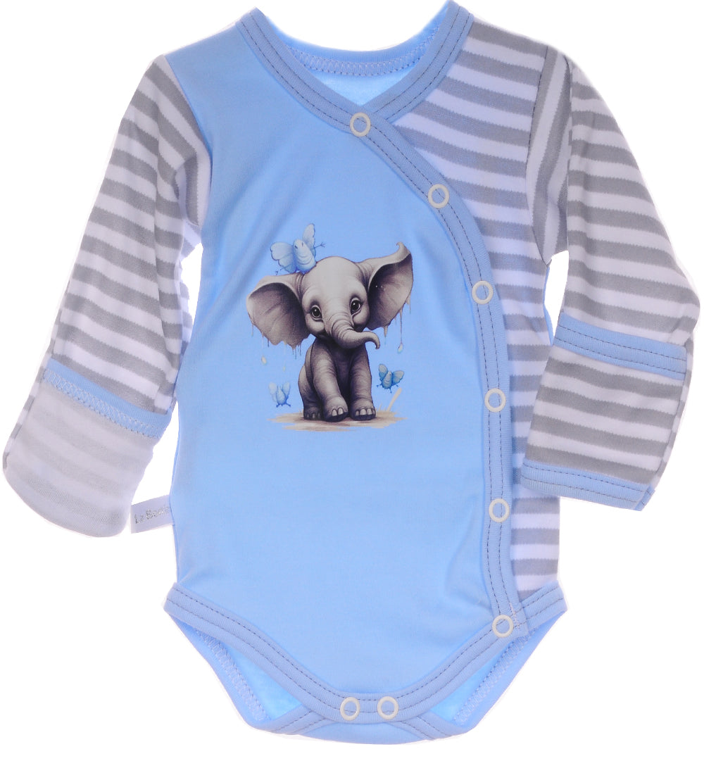 Baby Anzug Wickelbody Hose Mütze in Blau mit Elefant