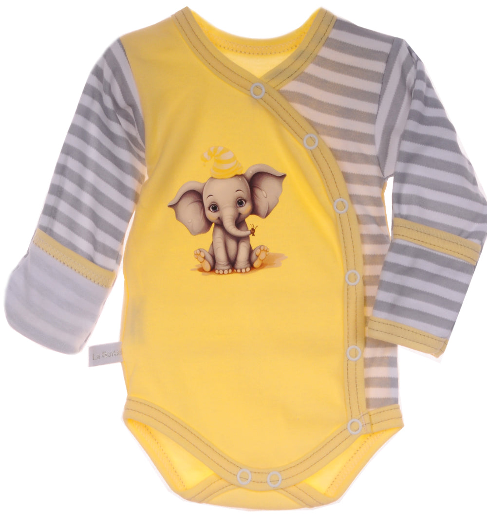 Baby Body Wickelbody langarm in Gelb mit Elefanten Aufdruck