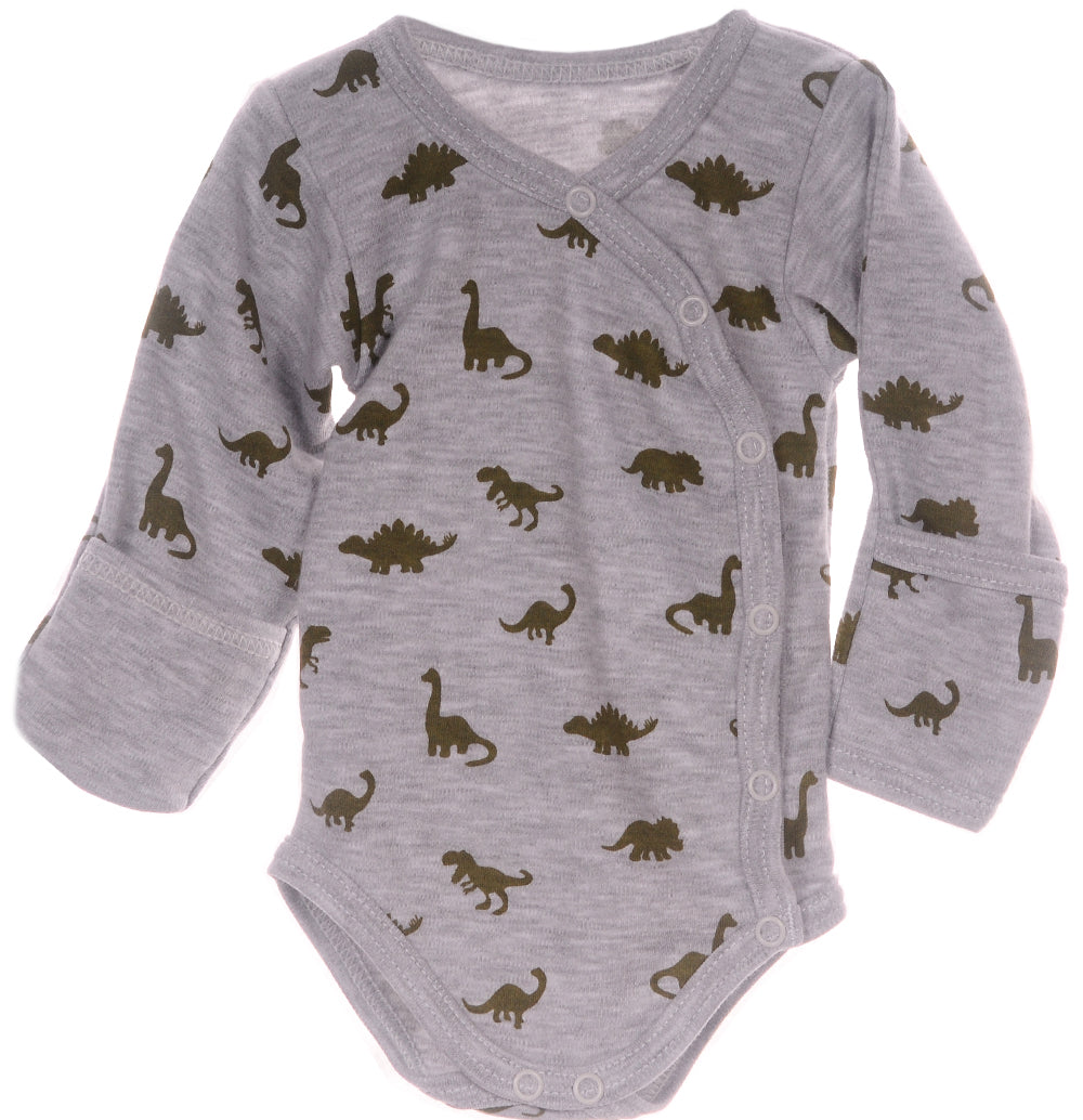 Baby Body Wickelbody langarm mit Kratzschutz in Grau mit Dinos Muster