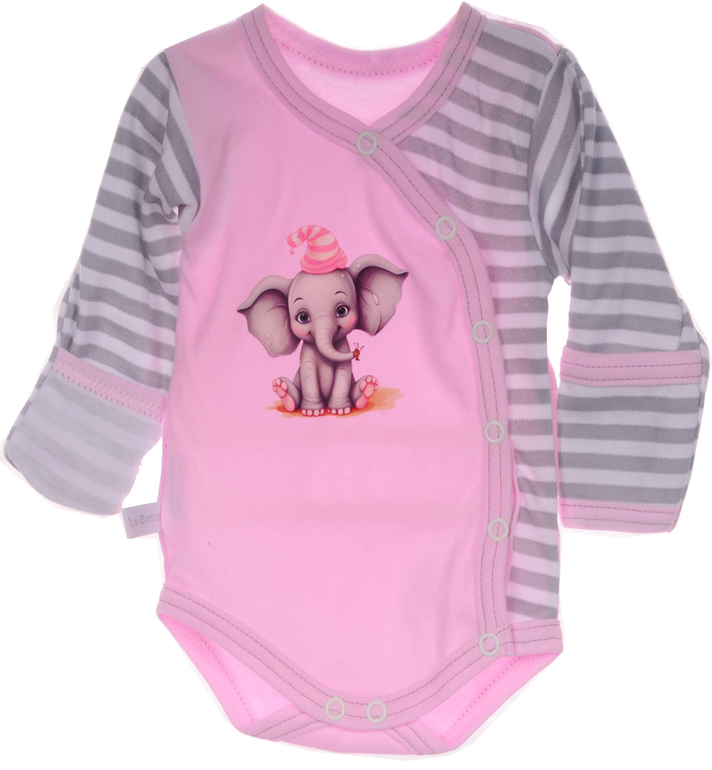 Baby Body Wickelbody mit Kratzschutz in Rosa mit Elefanten Aufdruck