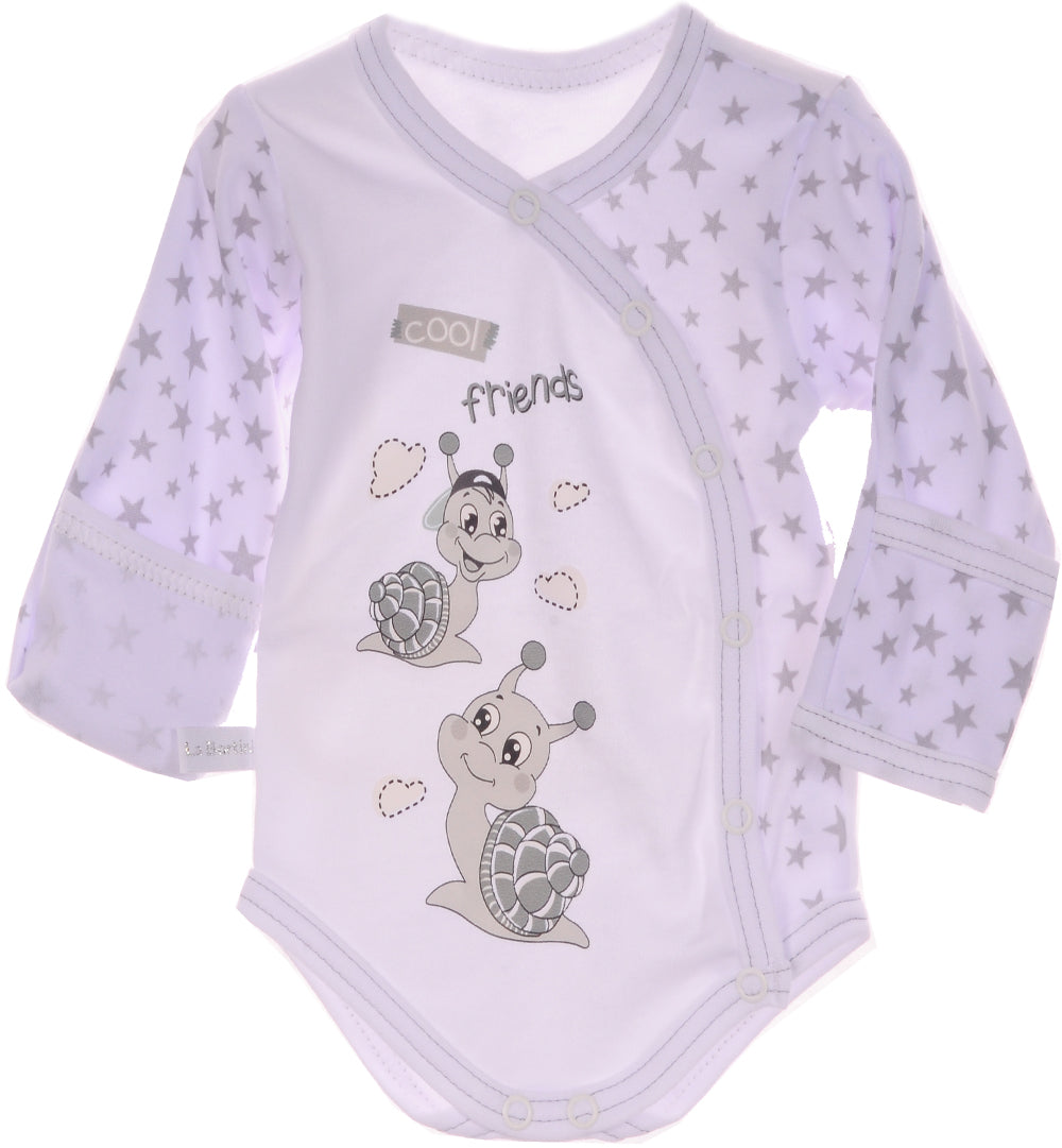 Baby Body Wickelbody langarm in Weiß mit Schnecken Aufdruck