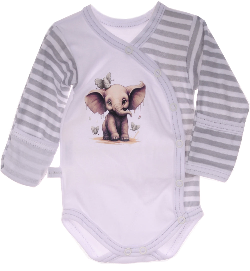Baby Anzug Wickelbody Hose Mütze in Weiß mit Elefanten Aufdruck