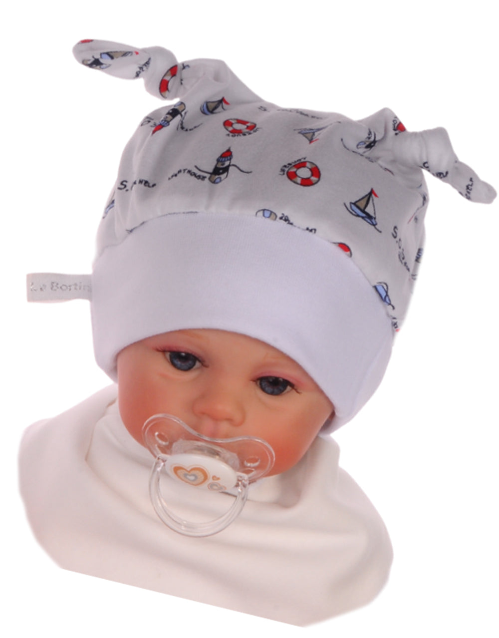 Baby Mütze Knotenmütze in Weiß mit maritimem Muster