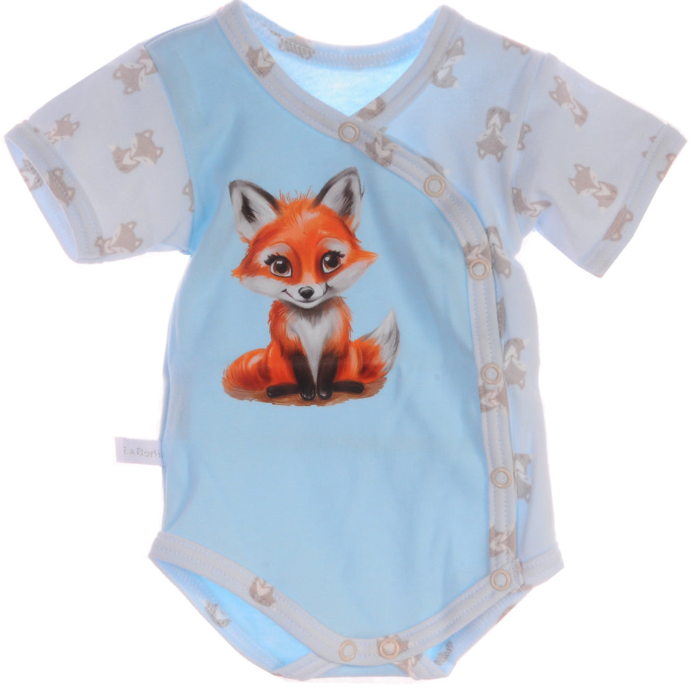 Baby Body Kurzarmbody Wickelbody in Blau mit Fuchs Aufdruck