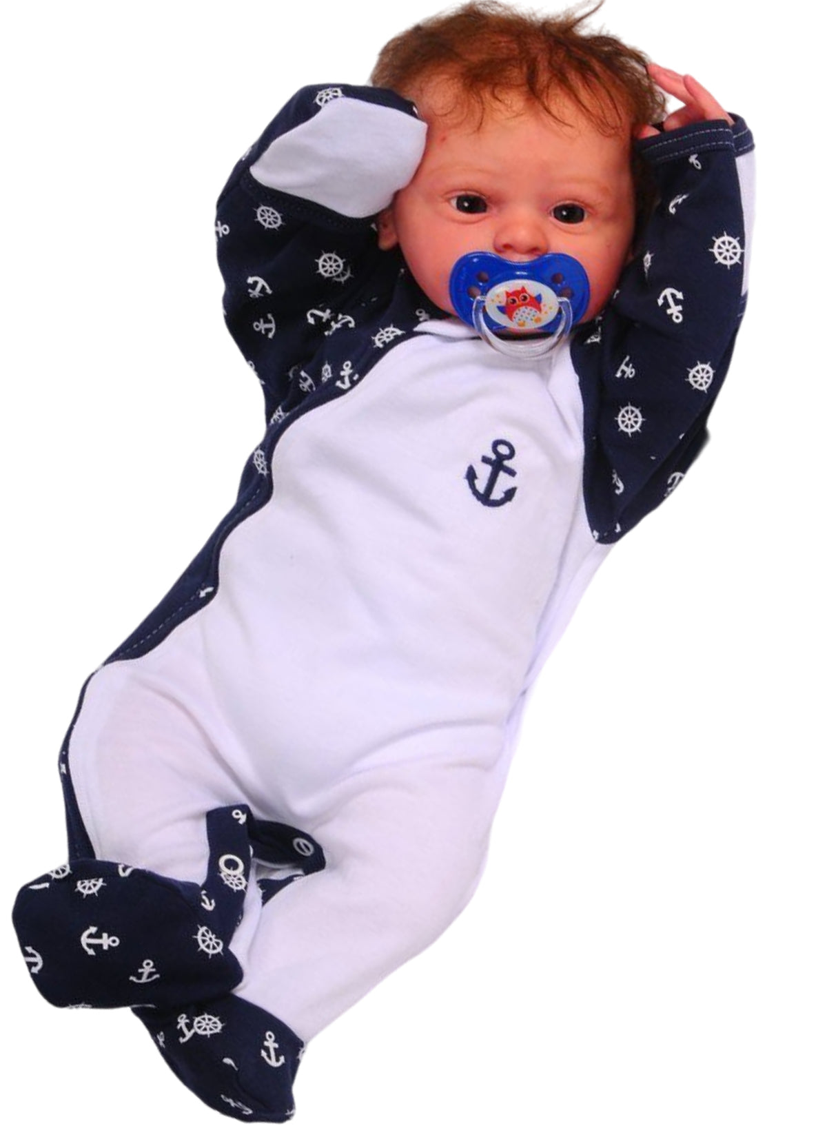 Baby Strampler Schlafanzug in weiß blau mit Anker Motiv