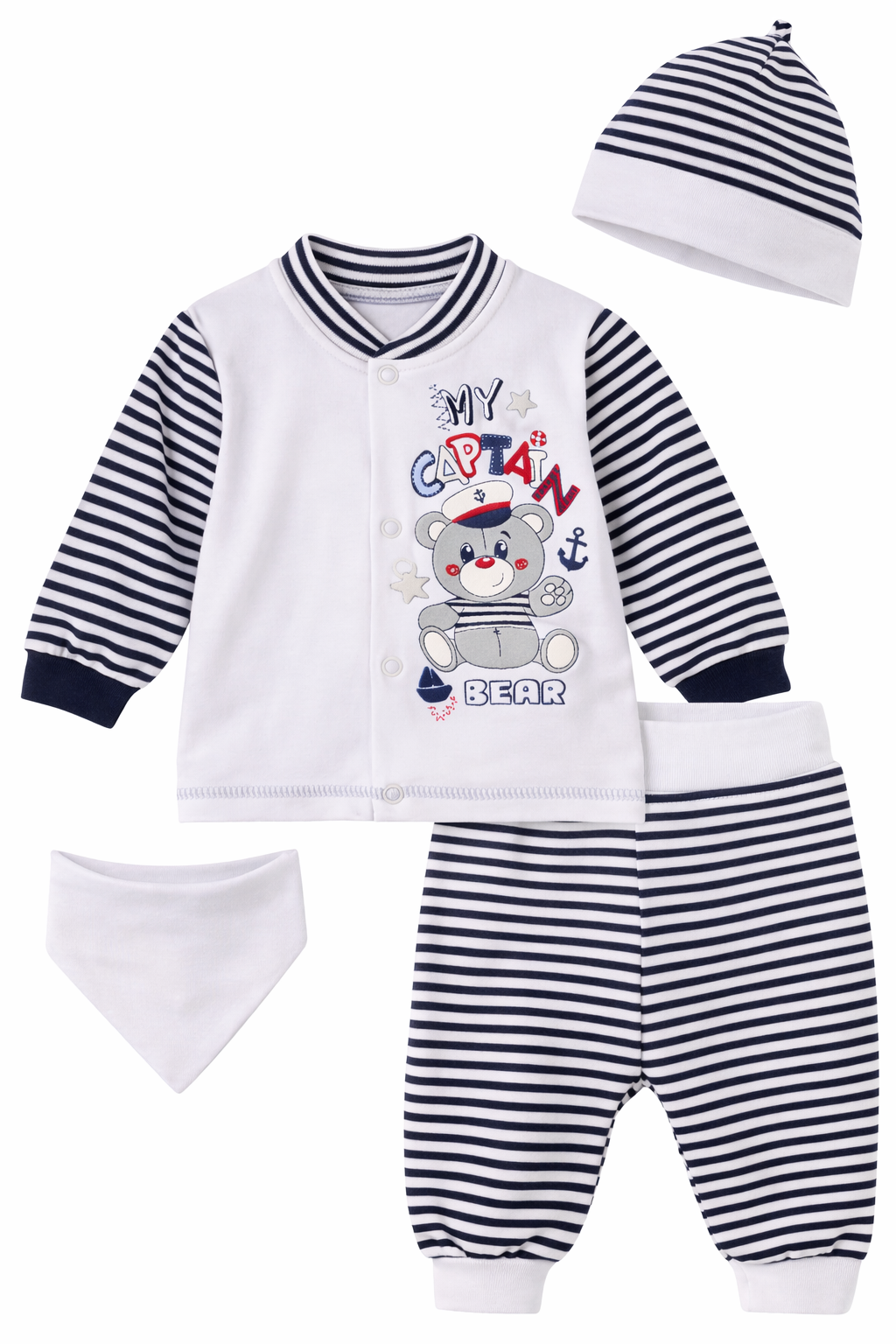 Baby Anzug 4-teilig Hemdchen Hose Mütze Dreieckstuch mit Bärchen