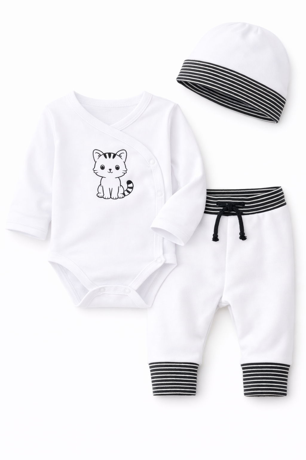 Baby Anzug 3-teilig Wickelbody Mitwachshose Mütze Set in weiß