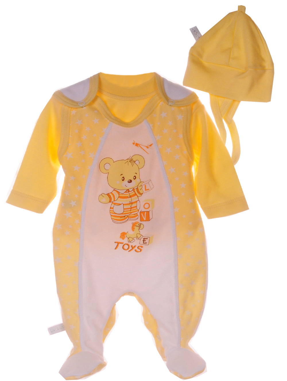 Strampler Mütze und Hemdchen Baby Anzug in Gelb mit Bärchen