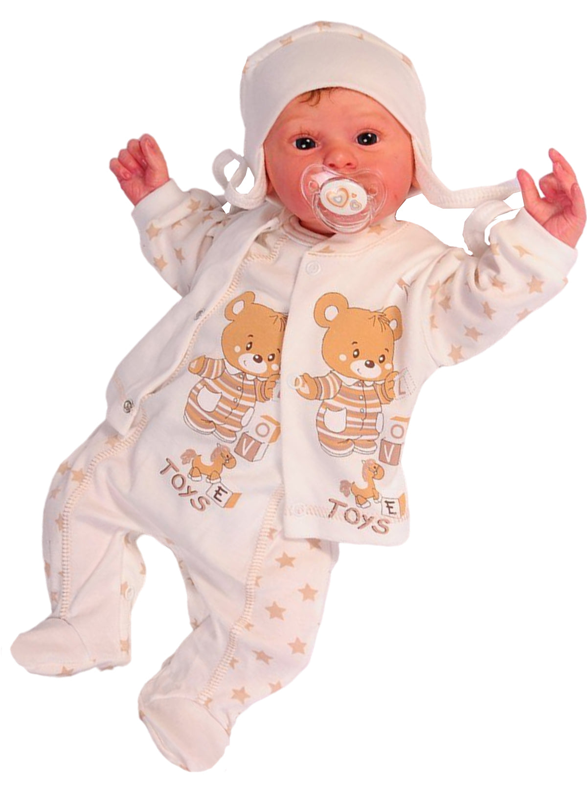 Strampler Mütze und Hemdchen Baby Anzug in Beige mit Sternen und Bär