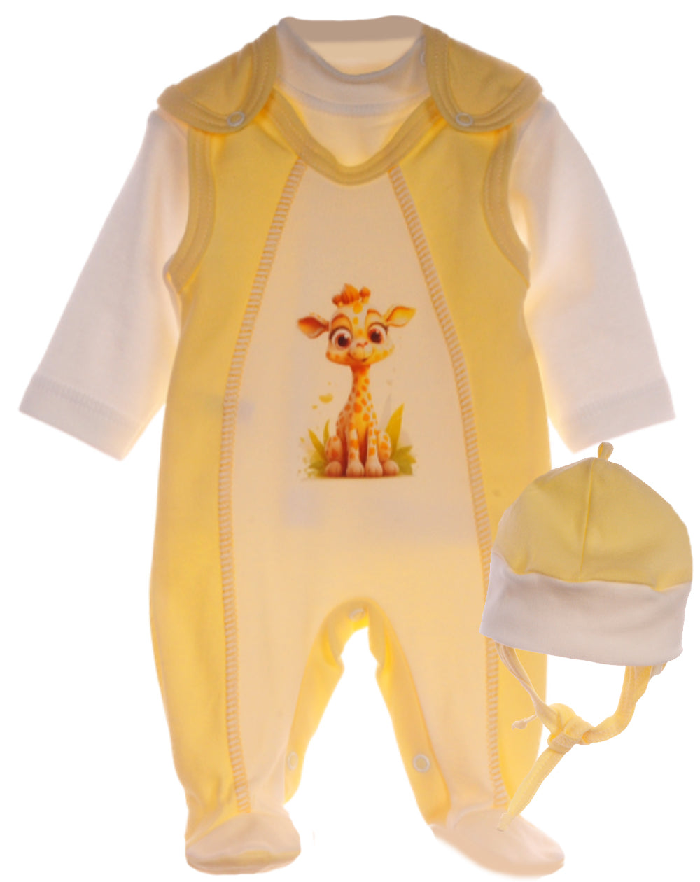 Strampler Mütze und Hemdchen Baby Anzug in creme gelb mit Giraffe