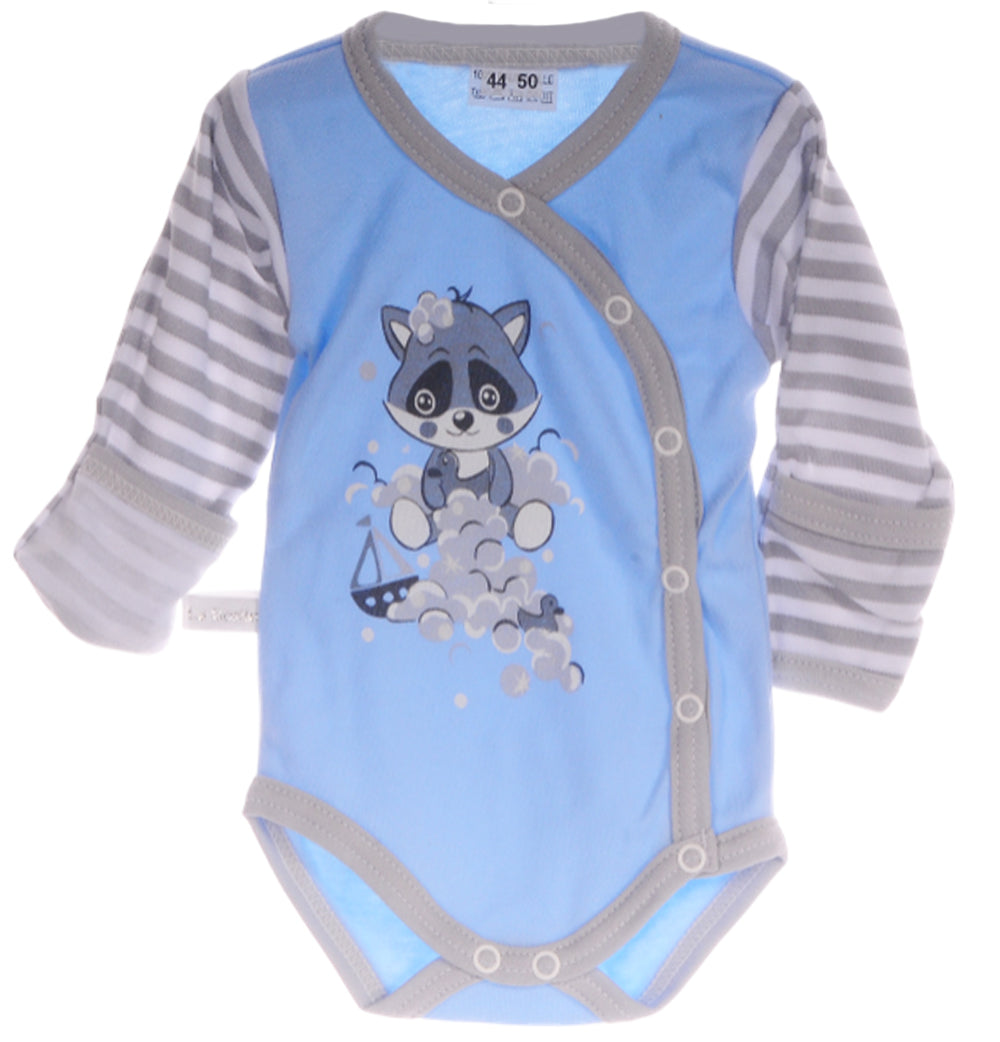 Baby Anzug Wickelbody Hose Mütze in Blau mit Waschbär