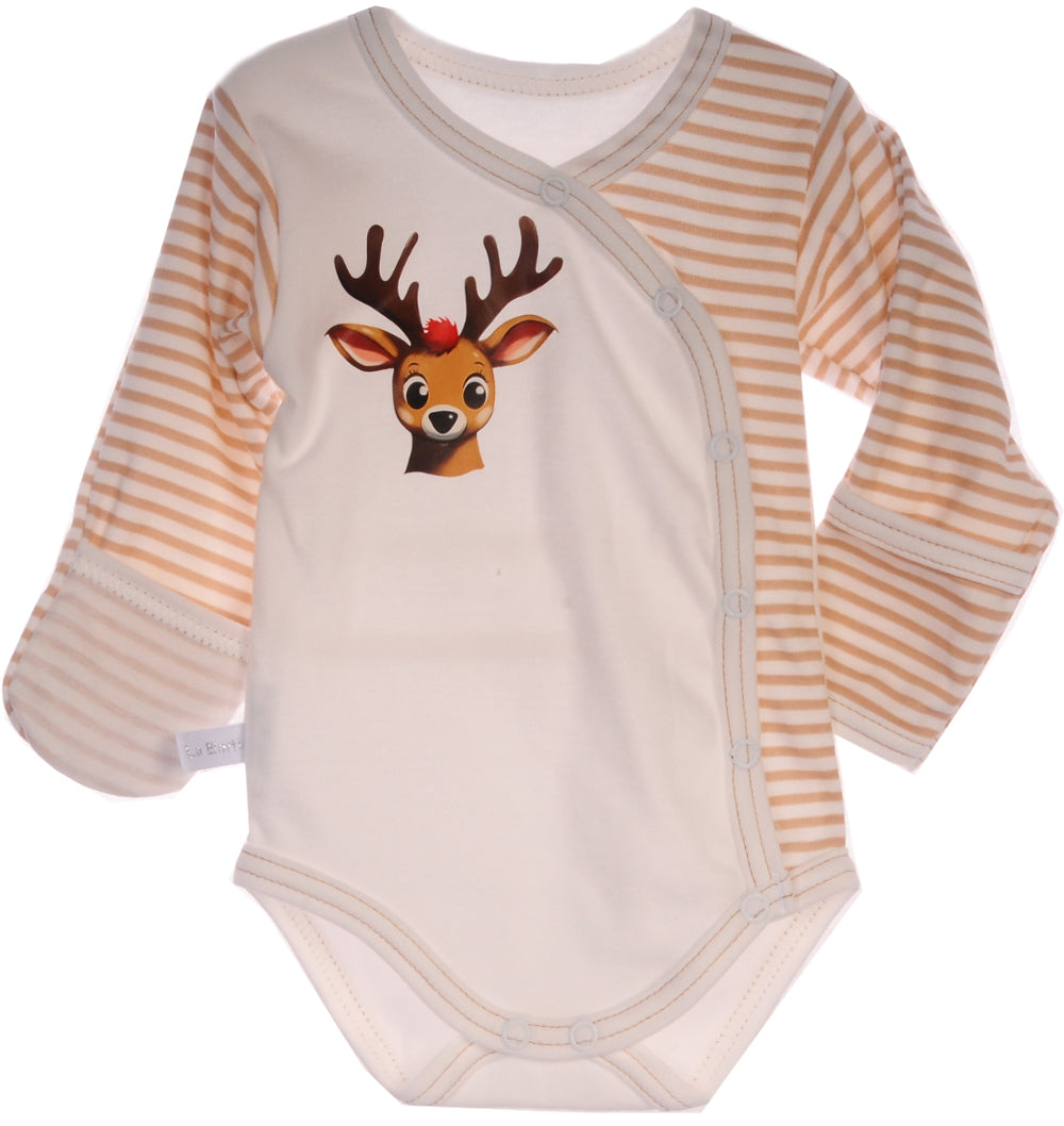 Baby Body Wickelbody langarm in Creme mit Rentier gestreift