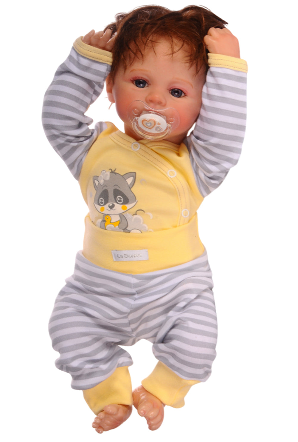 Baby Anzug Wickelbody Hose Mütze in Gelb mit Waschbär