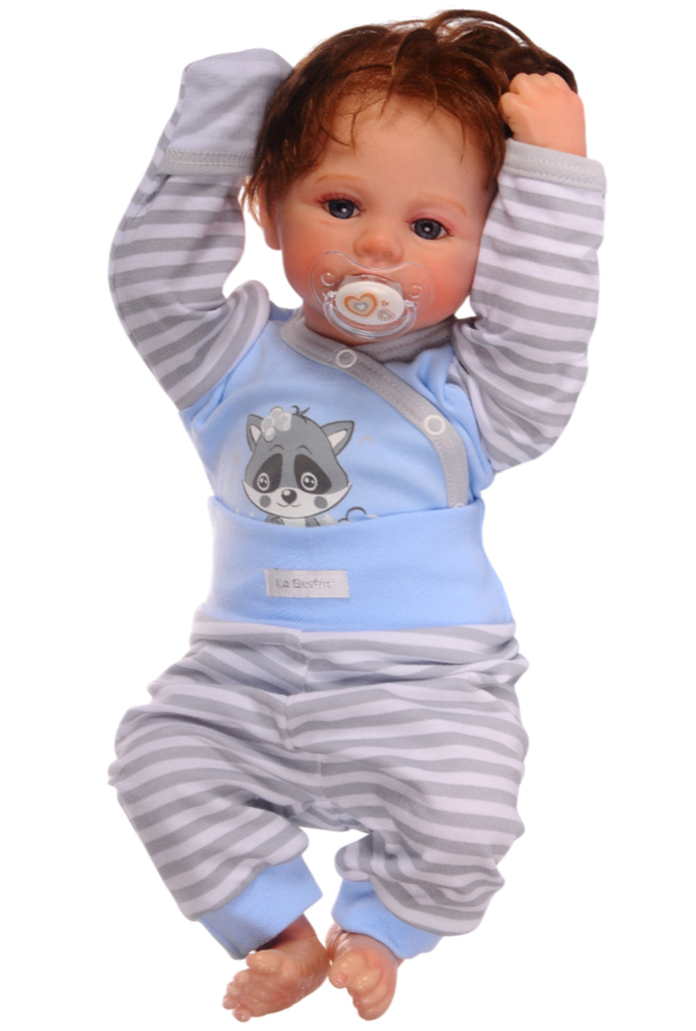 Baby Anzug Wickelbody Hose Mütze in Blau mit Waschbär