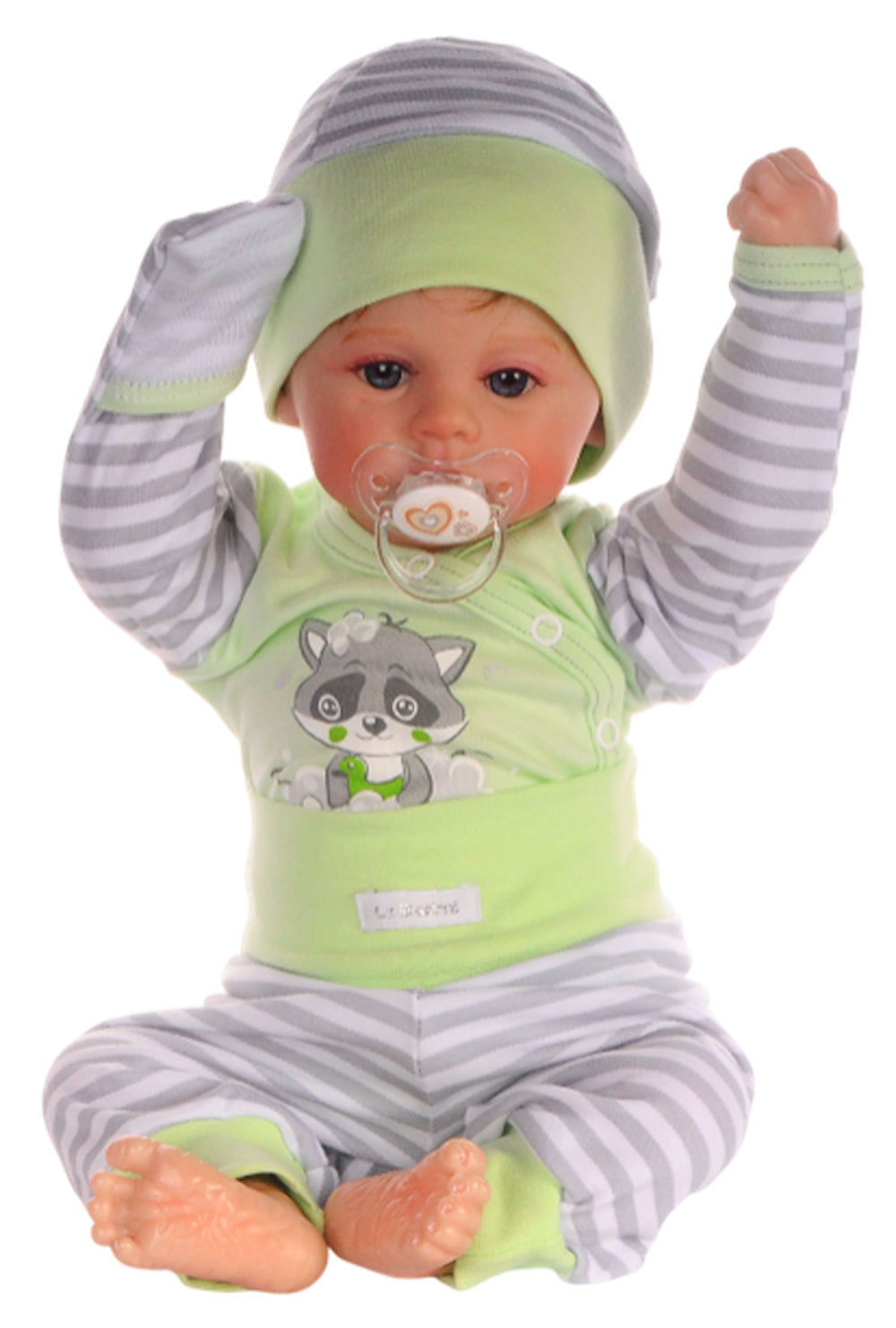 Baby Anzug Wickelbody Hose Mütze in Grün mit Waschbär