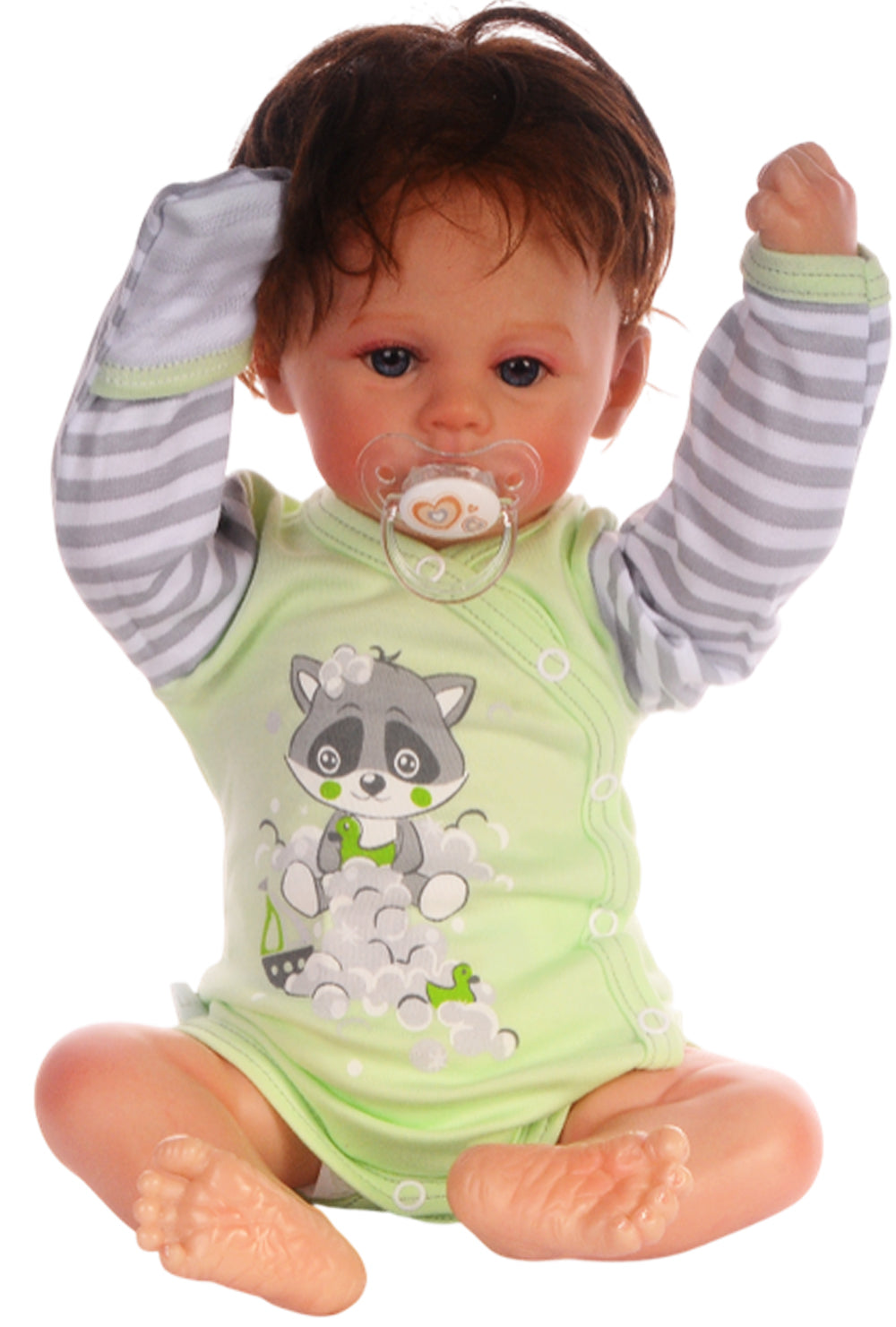 Baby Anzug Wickelbody Hose Mütze in Grün mit Waschbär