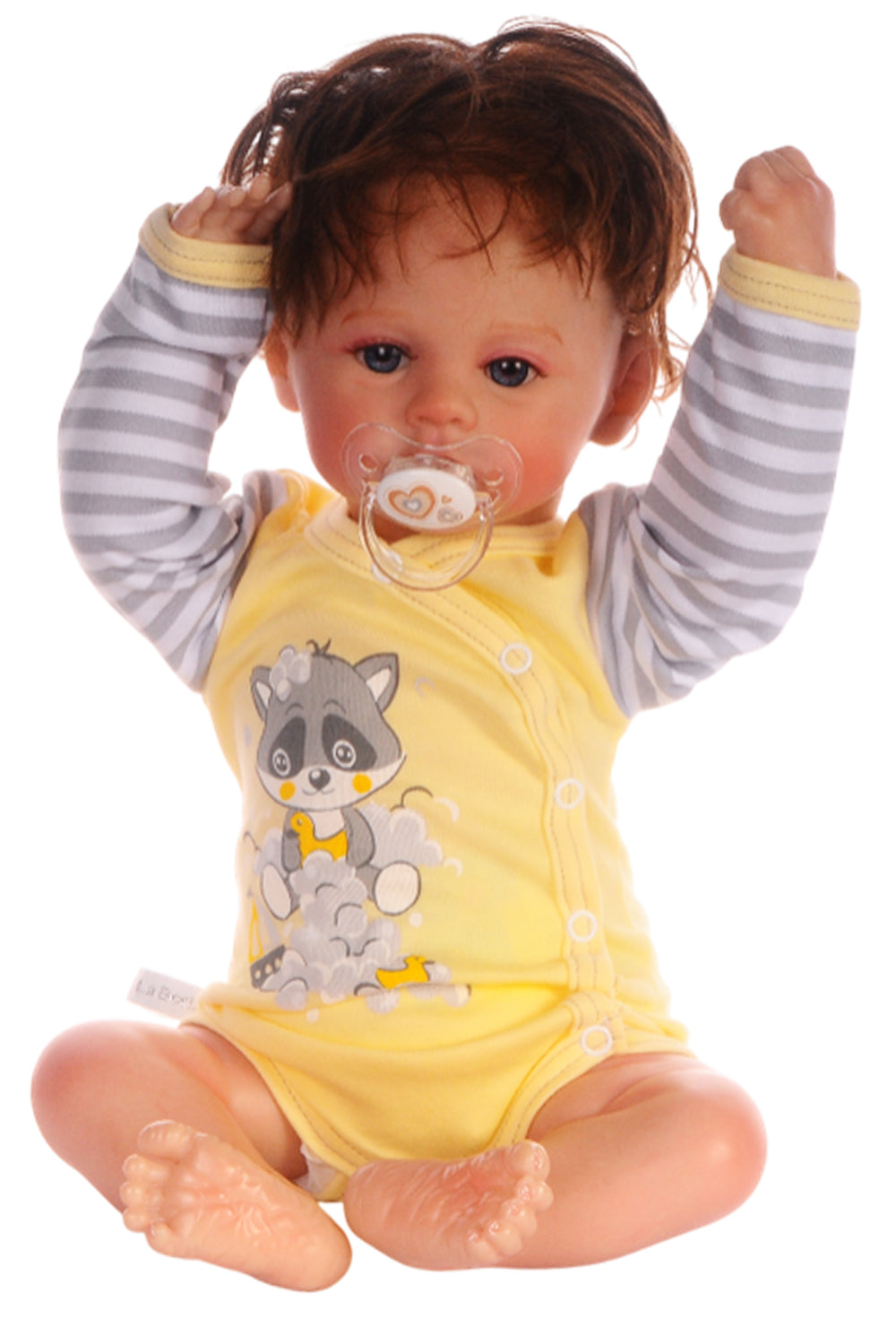 Baby Anzug Wickelbody Hose Mütze in Gelb mit Waschbär