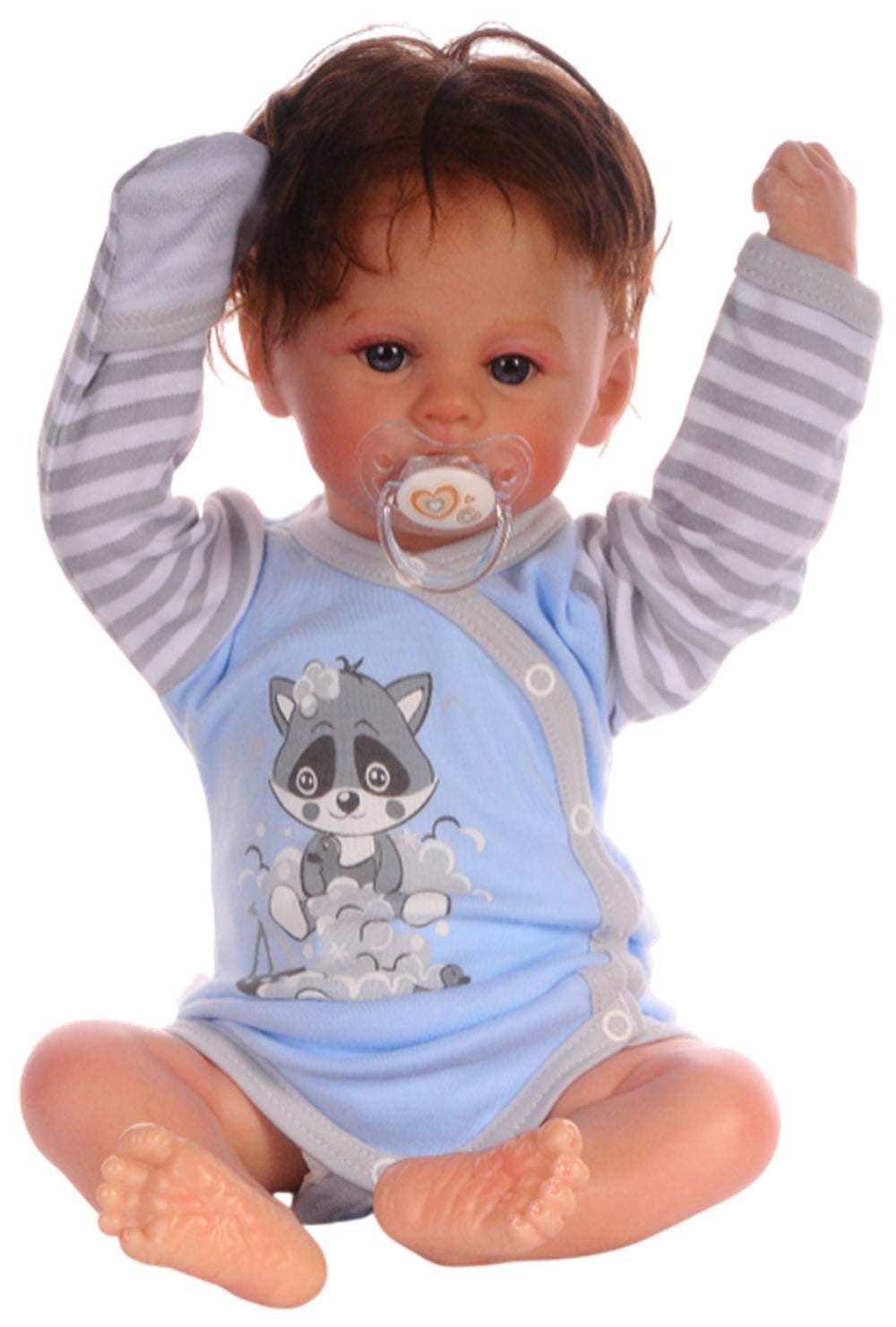 Baby Anzug Wickelbody Hose Mütze in Blau mit Waschbär