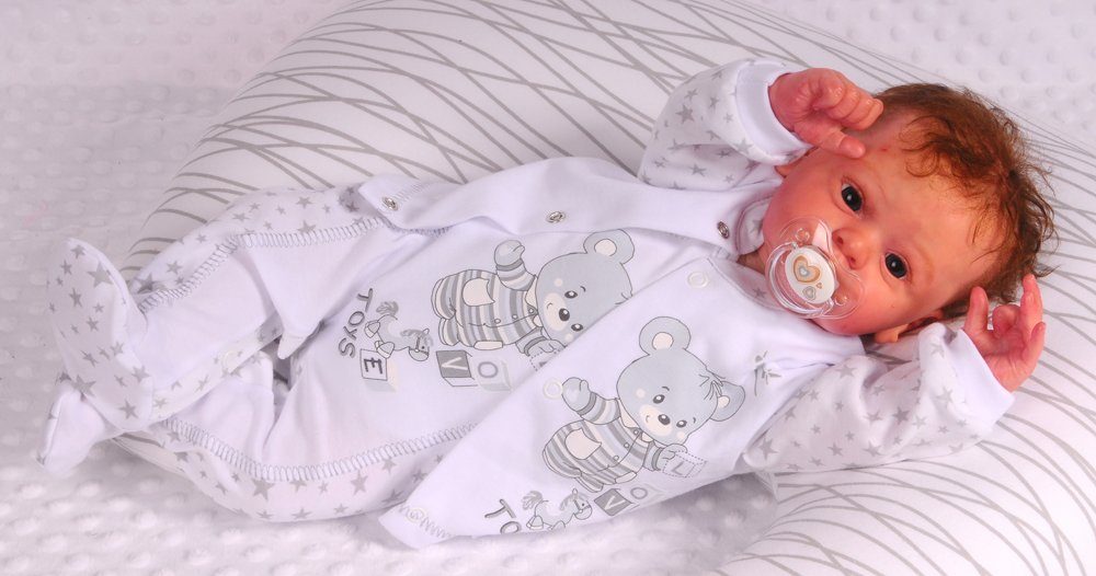 Strampler Mütze Hemdchen Baby Anzug in Weiß grau mit Sternchen und Bären