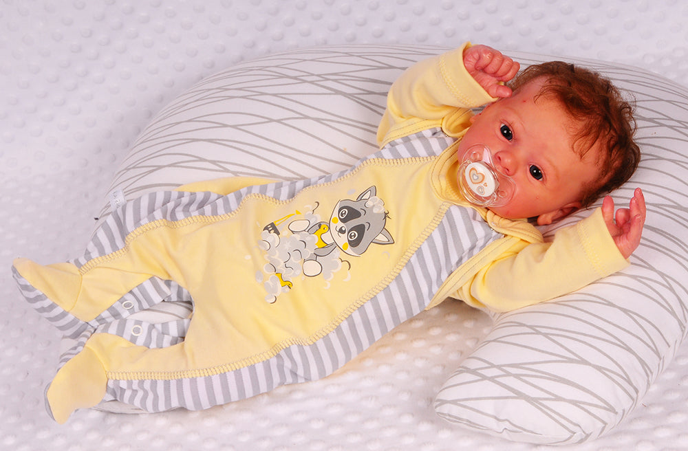 Strampler Mütze und Hemdchen Baby Anzug 3Tlg in Gelb mit Waschbär, gestreift