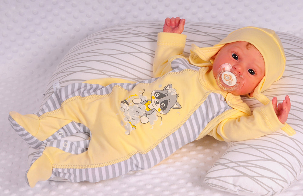 Strampler Mütze und Hemdchen Baby Anzug 3Tlg in Gelb mit Waschbär, gestreift