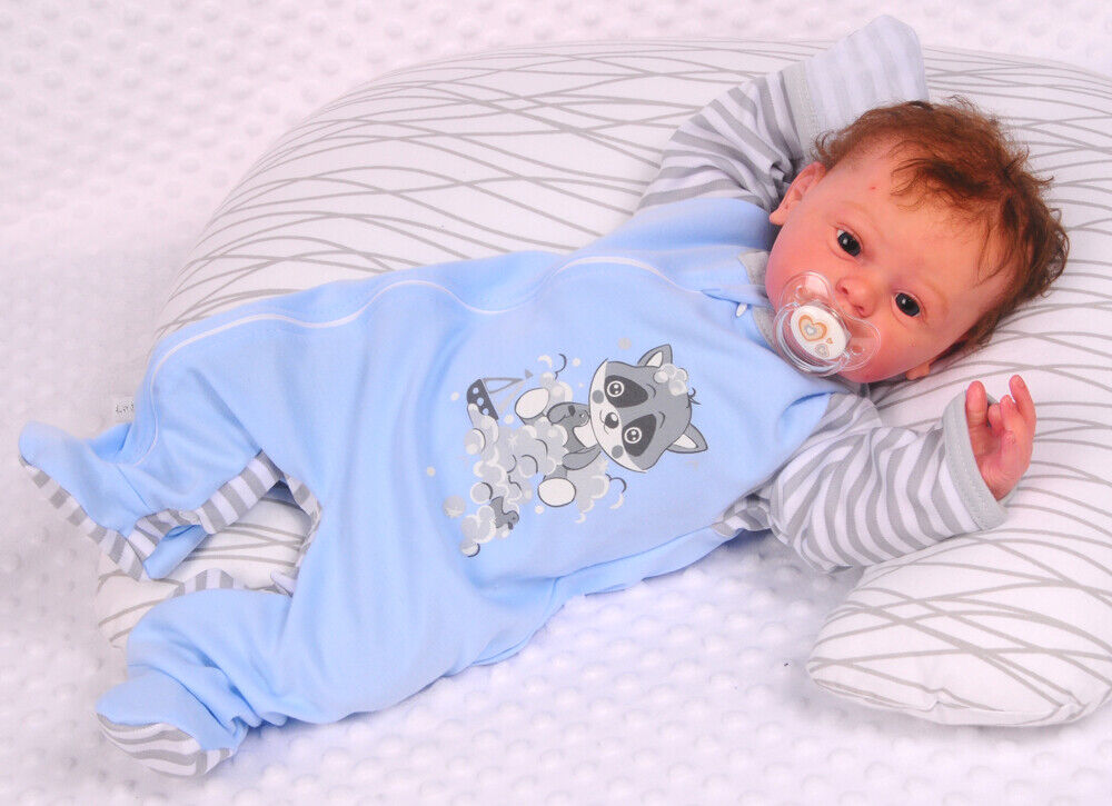 Baby Strampler Schlafanzug in Blau mit Waschbär Overall mit Kratzschutz