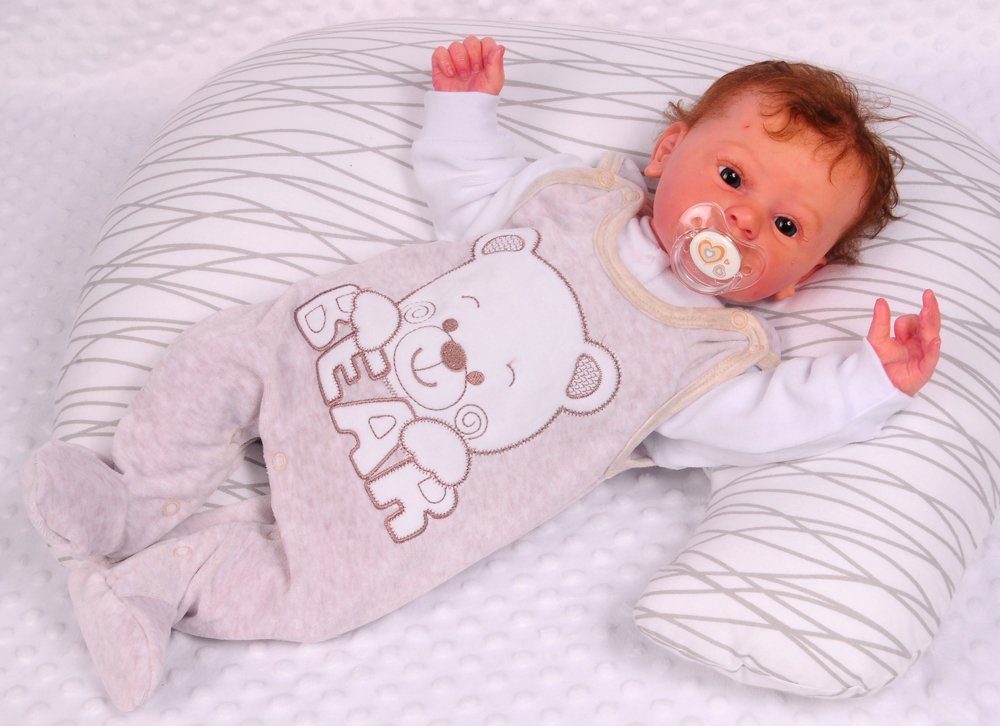Strampler und Shirt Baby Anzug in Beige weiß aus Velours mit Bärchen