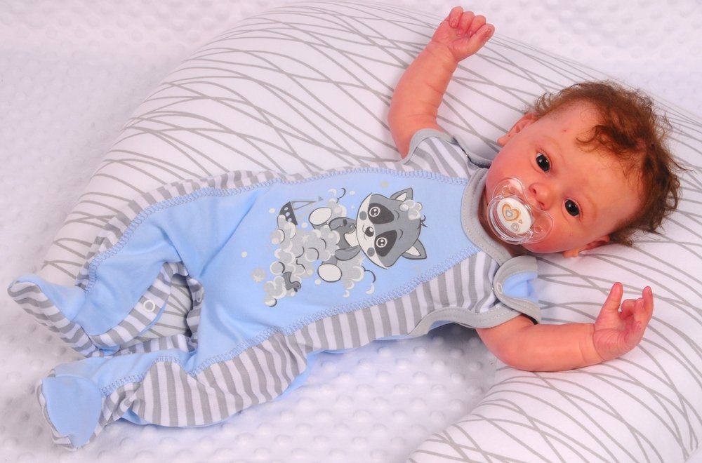 Erstlingsset Strampler Mütze Hemdchen Baby Anzug in Blau mit Waschbär Aufdruck