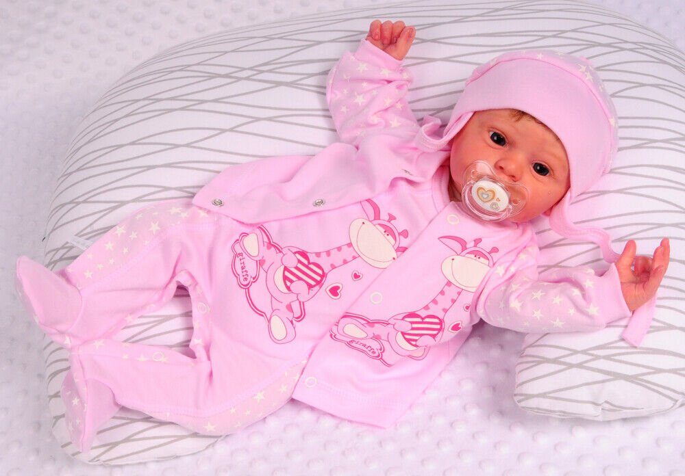 Strampler Mütze und Hemdchen Baby Anzug in Rosa mit Giraffen und Sternen Erstlingsset