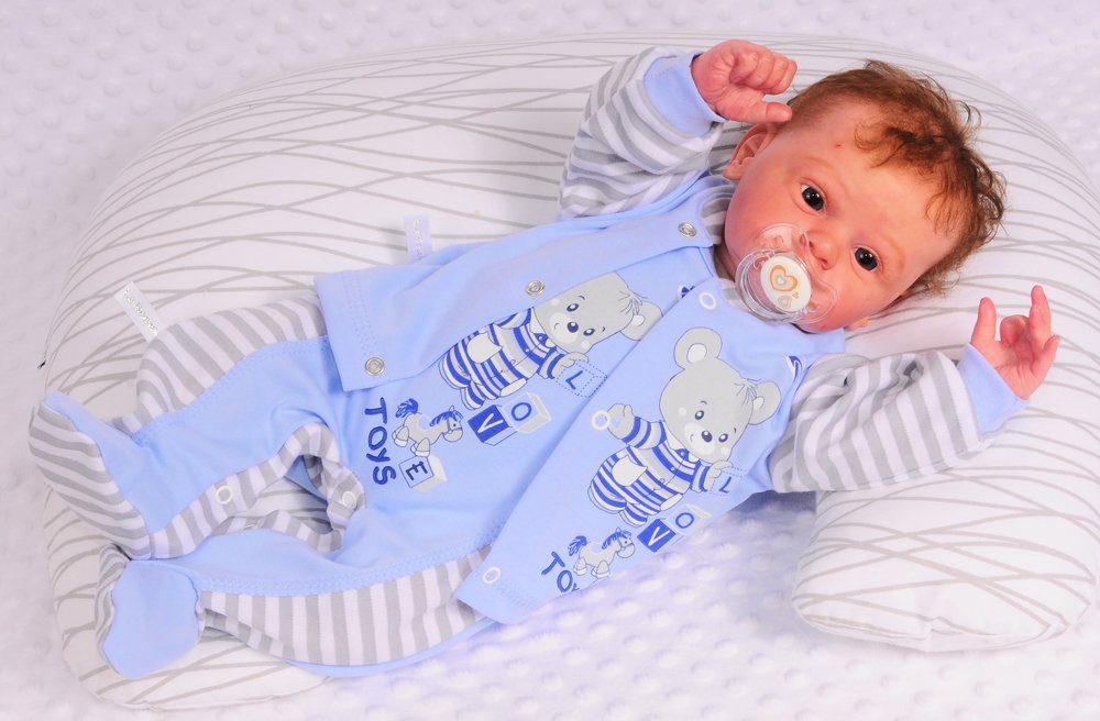 Strampler Mütze und Hemdchen Baby Anzug in Blau gestreift mit Bären
