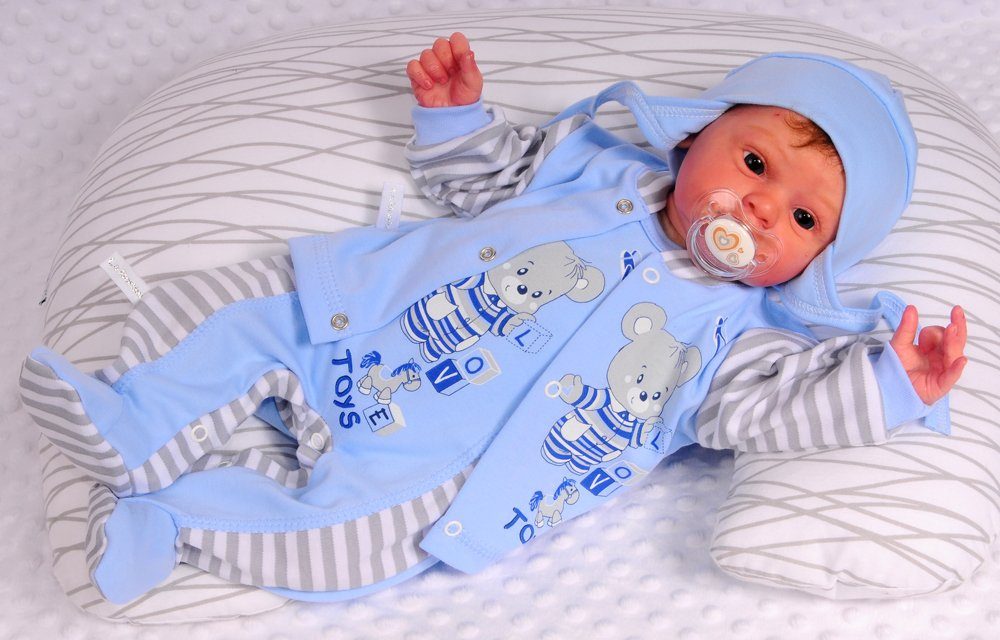 Strampler Mütze und Hemdchen Baby Anzug in Blau gestreift mit Bären