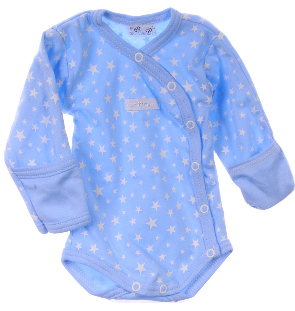 Baby Body langarm mit Kratzschutz Wickelbody in Blau mit Sternchen
