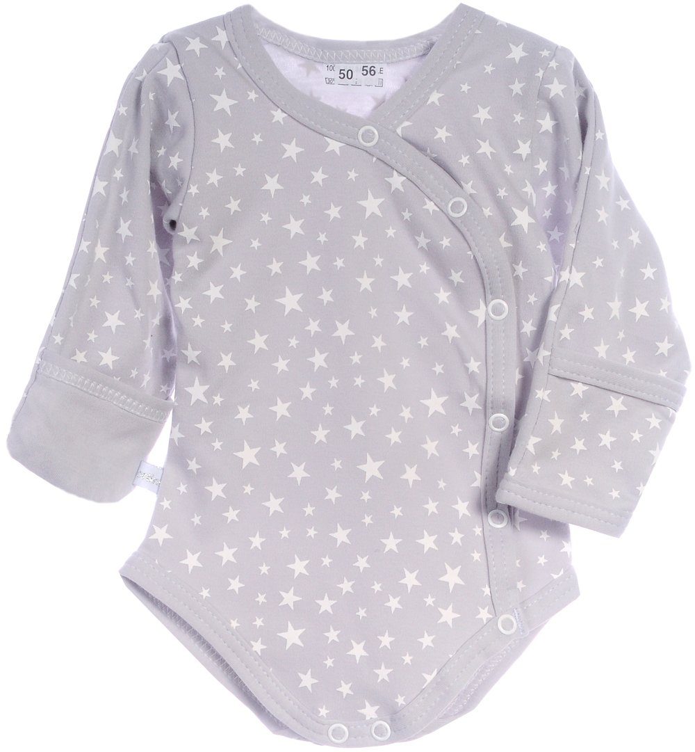 Baby Wickelbody in Grau mit Sternchen Body Langarmbody mit Kratzschutz