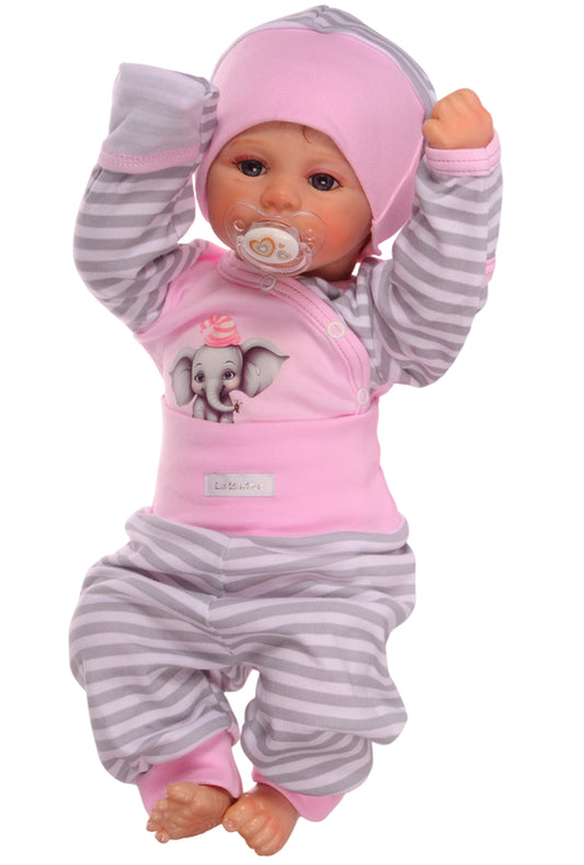 Baby Anzug Wickelbody Hose Mütze in Rosa mit Elefanten Aufdruck