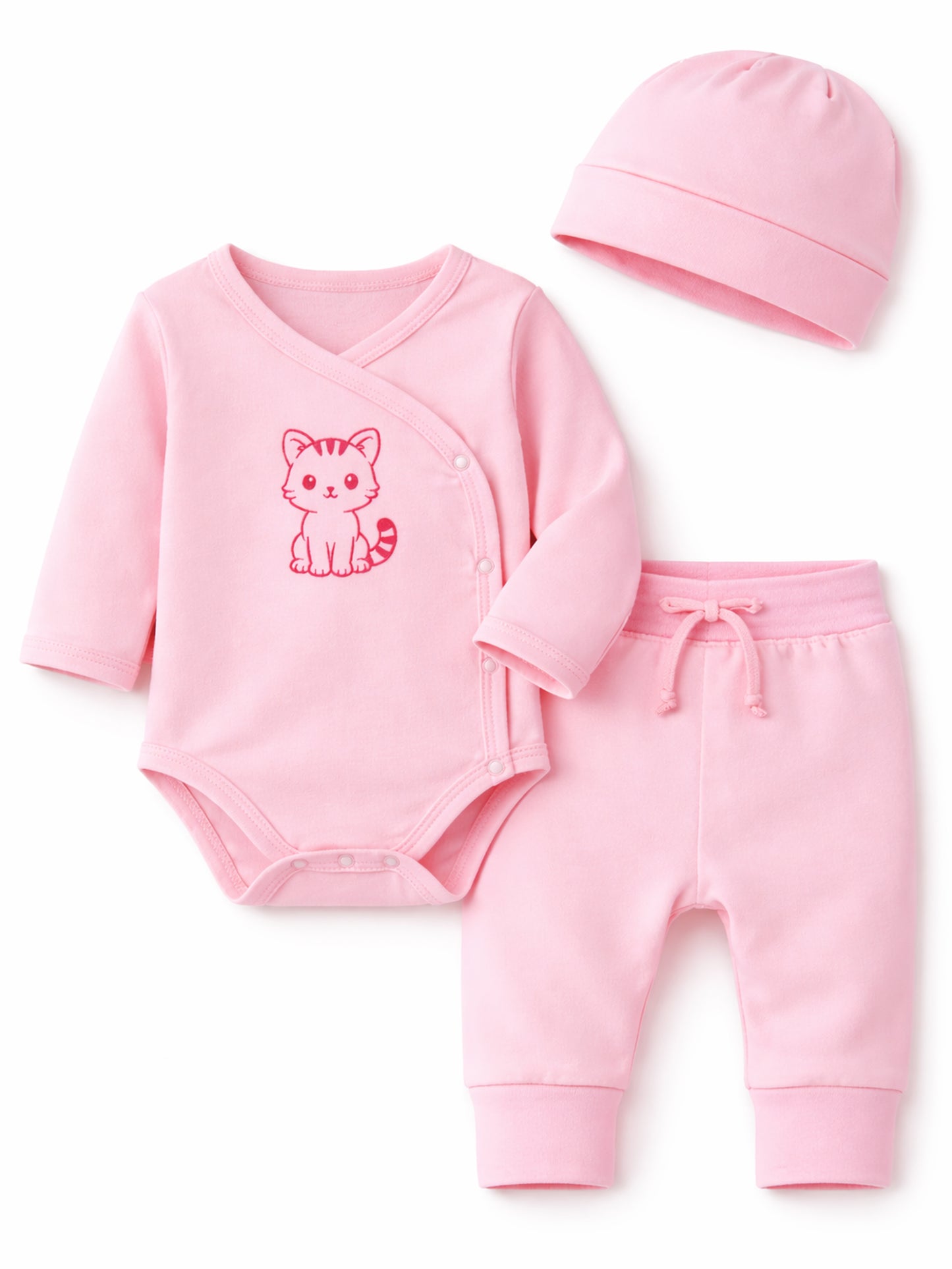 Baby Anzug 3-teilig Wickelbody Mitwachshose Mütze Set in Rosa
