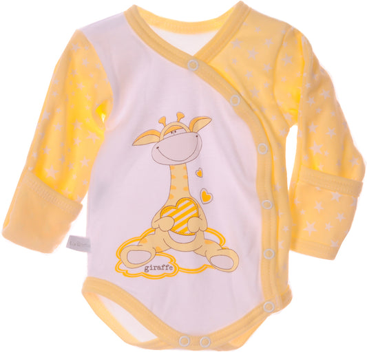 Baby Body Wickelbody mit Kratzschutz langarm in Gelb mit Giraffen Aufdruck