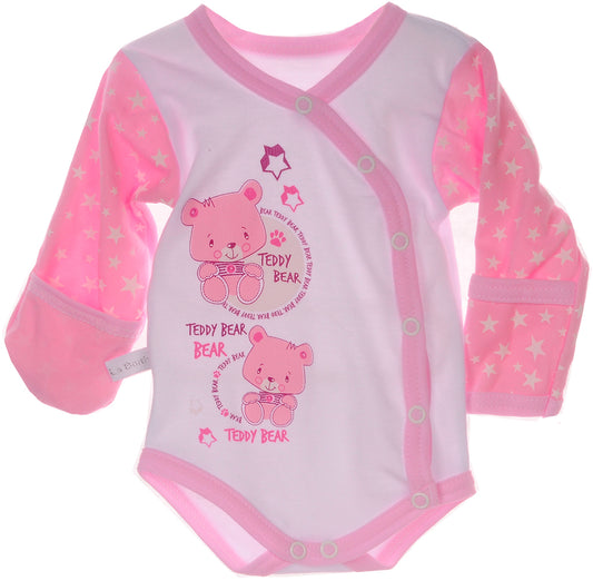 Baby Body Wickelbody mit Kratzschutz langarm in Rosa mit Sternen und Bären Aufdruck