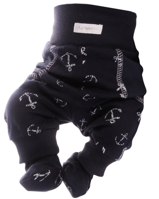 Baby Hose mit Füßchen in Blau mit maritimem Muster