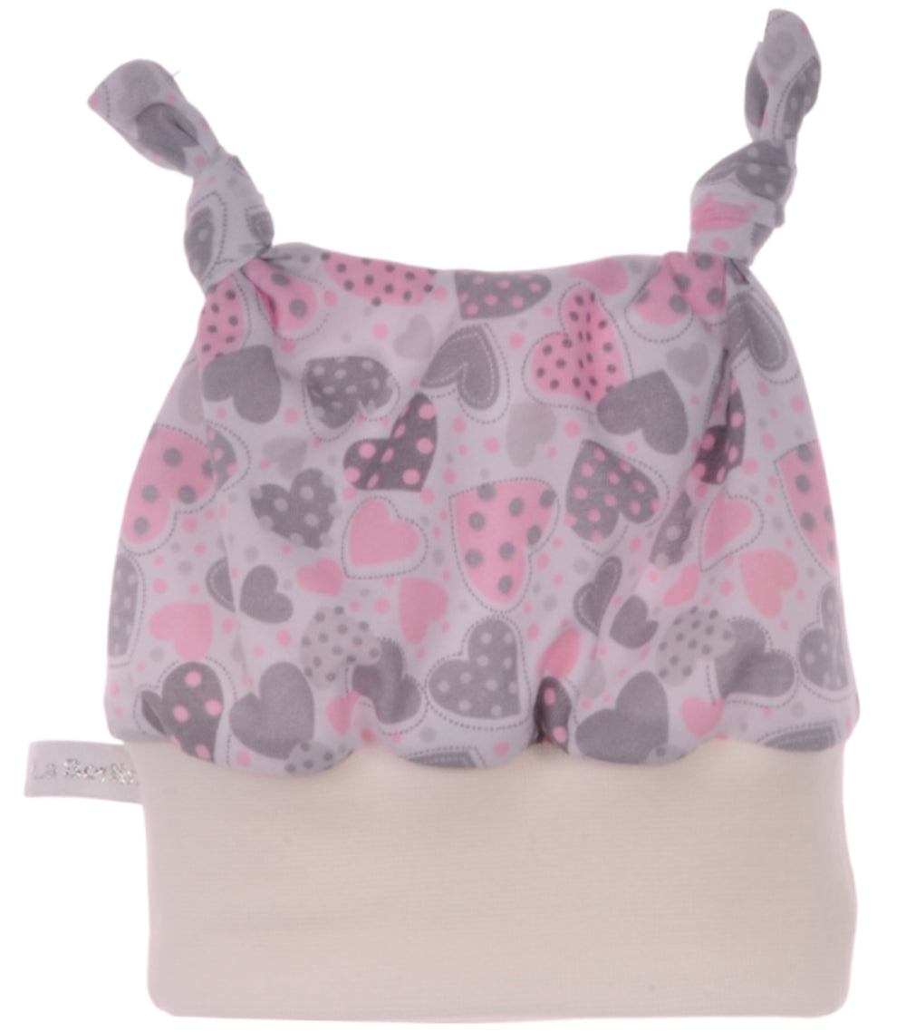 Baby Mütze Knotenmütze in Creme mit Herzen Muster