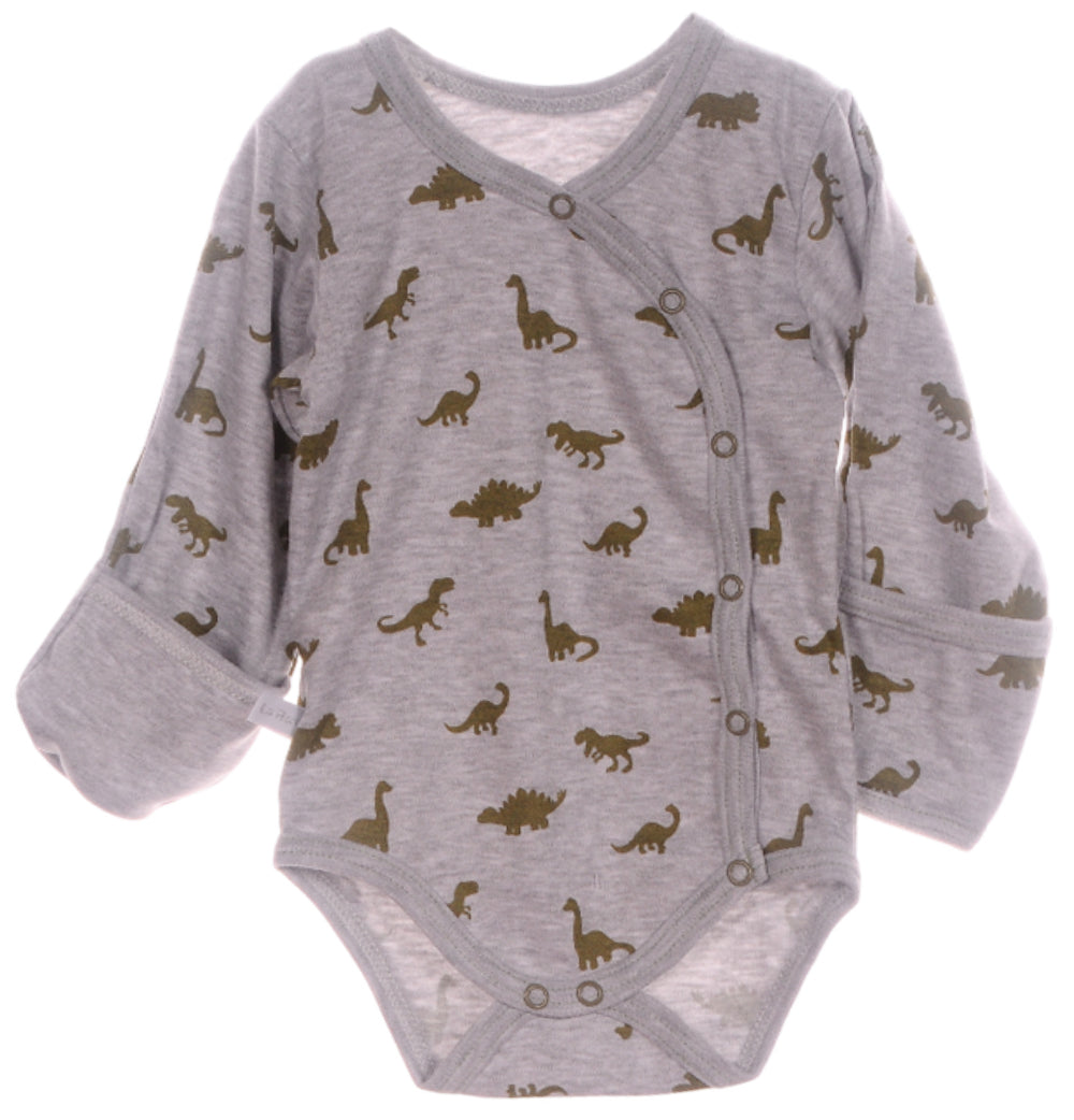 Baby Body Wickelbody langarm mit Kratzschutz in Grau mit Dinos Muster