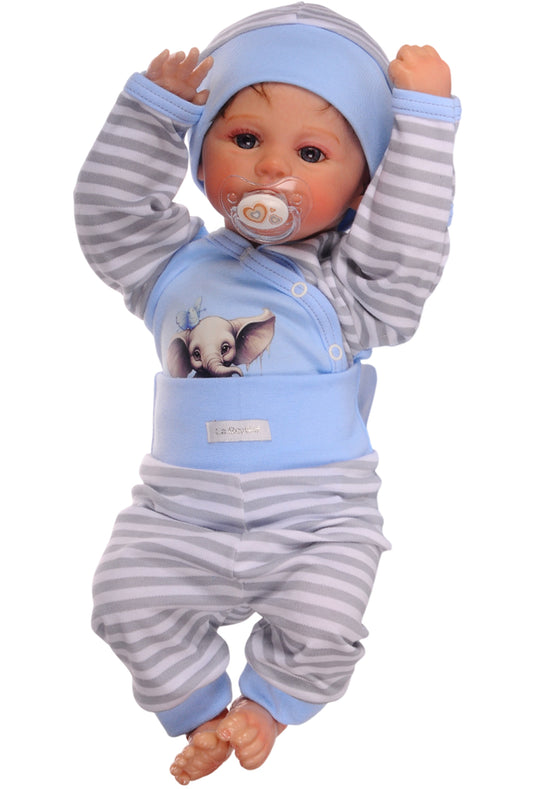Baby Anzug Wickelbody Hose Mütze in Blau mit Elefant